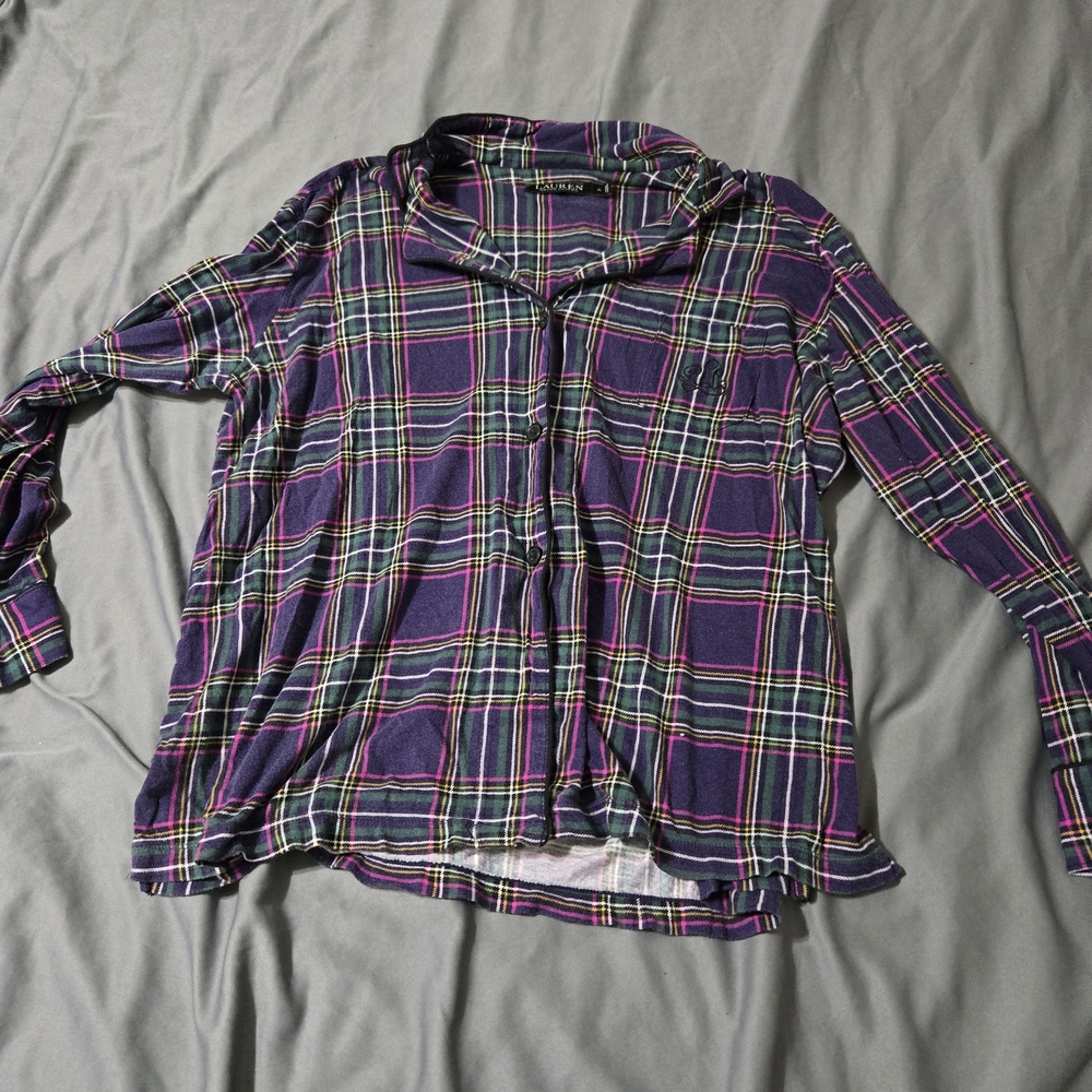 Lauren Ralph Lauren Purple Plaid Pajama Top Womens Size Extra Large Logo Pocket
